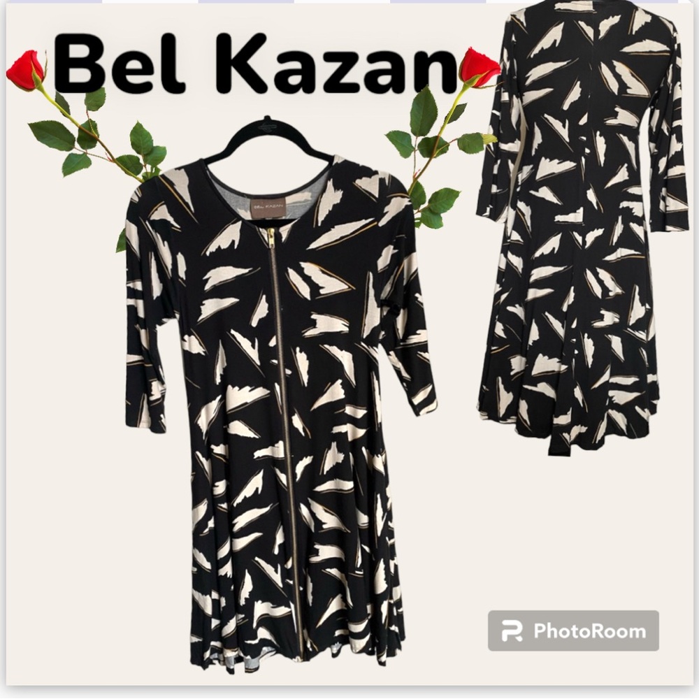 Bel Kazan Black & Cream Zip-Front Long Sleeve Dress